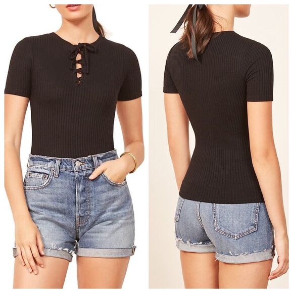 Reformation Tops - Reformation Alden Rib Knit Tee Womens Sz M Black Short Sleeves
